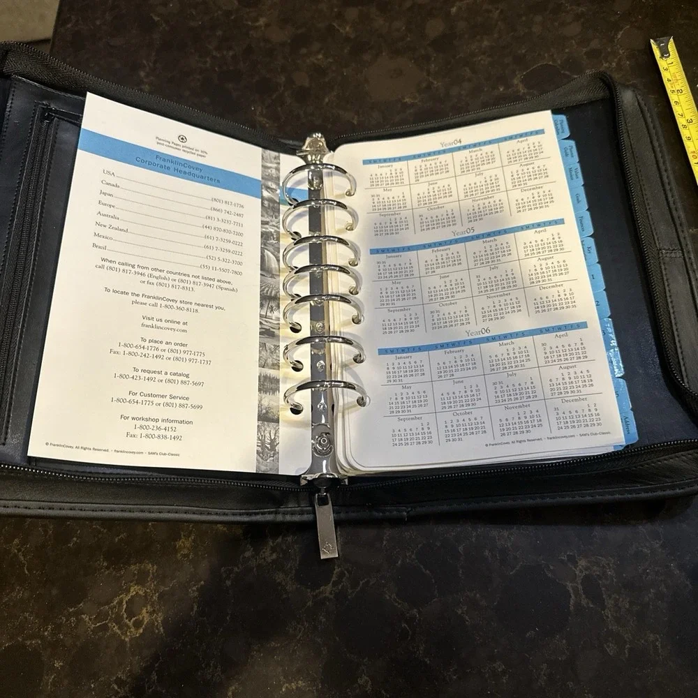 VINTAGE 2004 Franklin Covey 7 Ring Binder Planner Black Leather Zippered 10 X 8